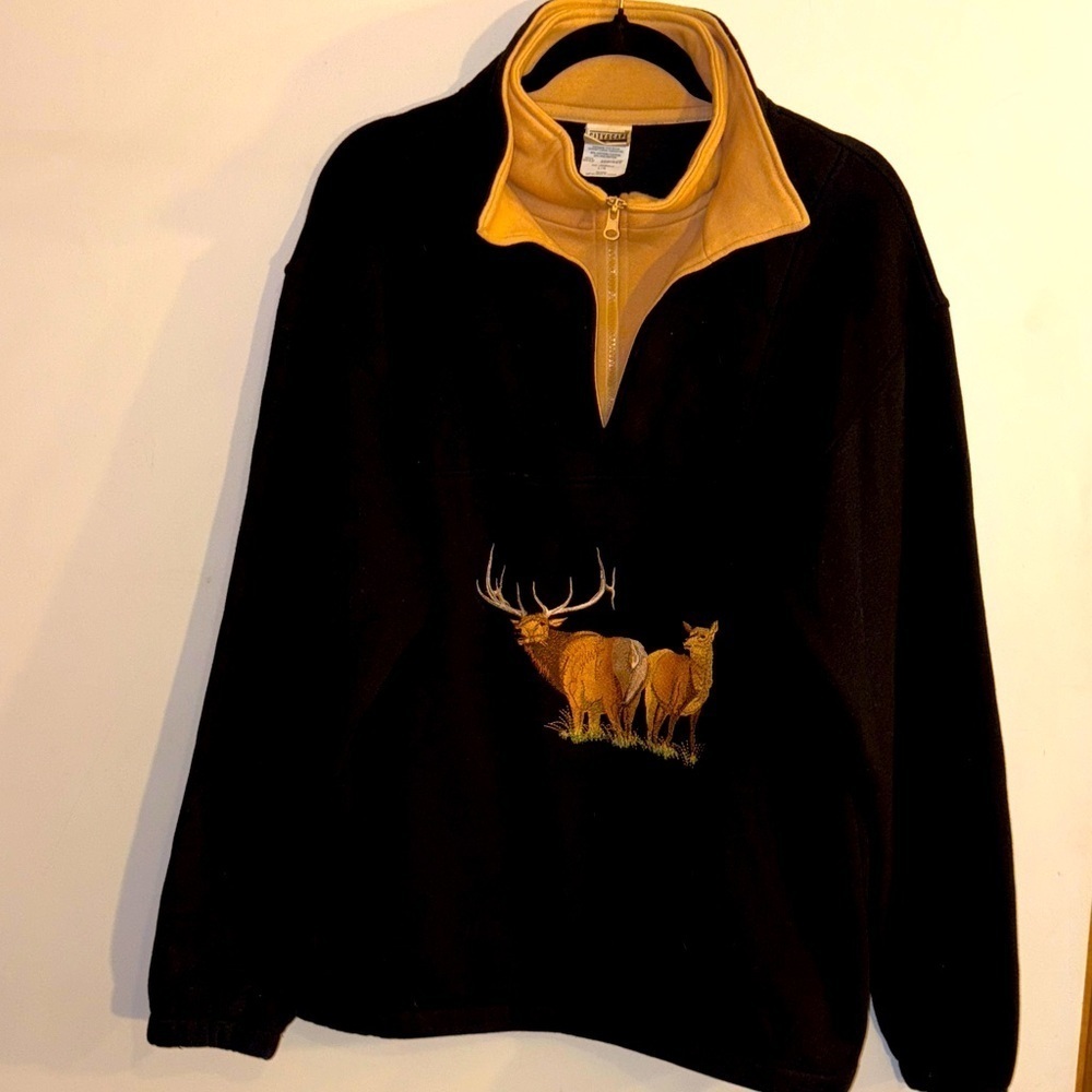 Vintage Black and Tan Quarter-Zip Pullover Deer Embroidery Buck & Doe Large/XL